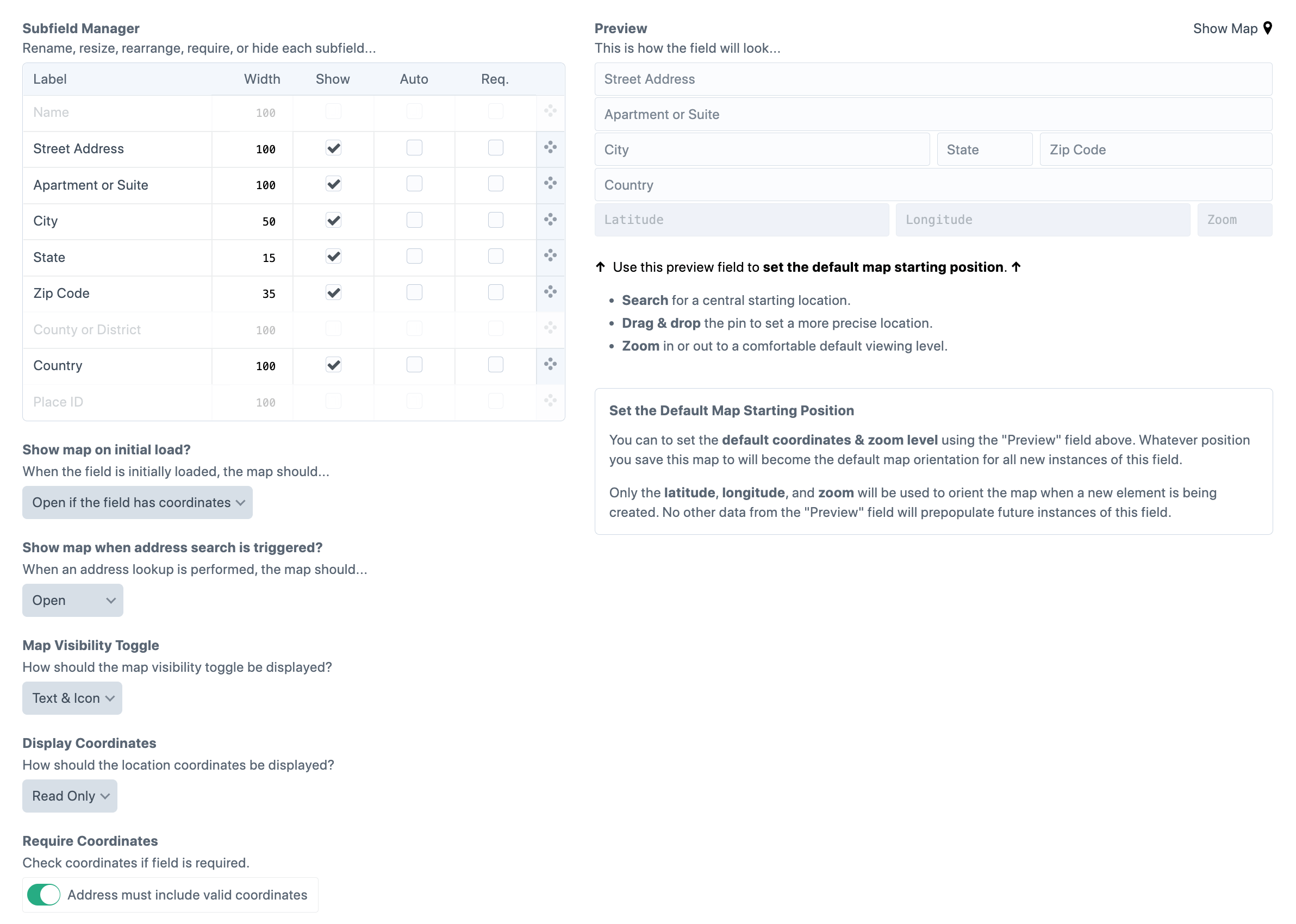 Screenshot of Address Field Settings