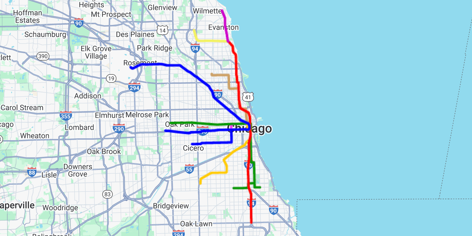 Screenshot of a KML layer showing a map of the Chicago subway system