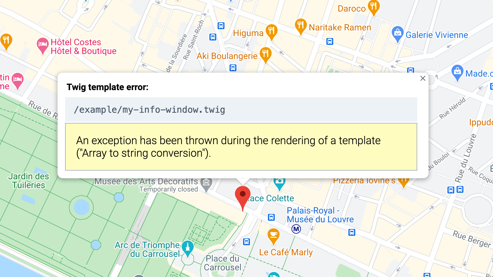 Example of an info window Twig template error