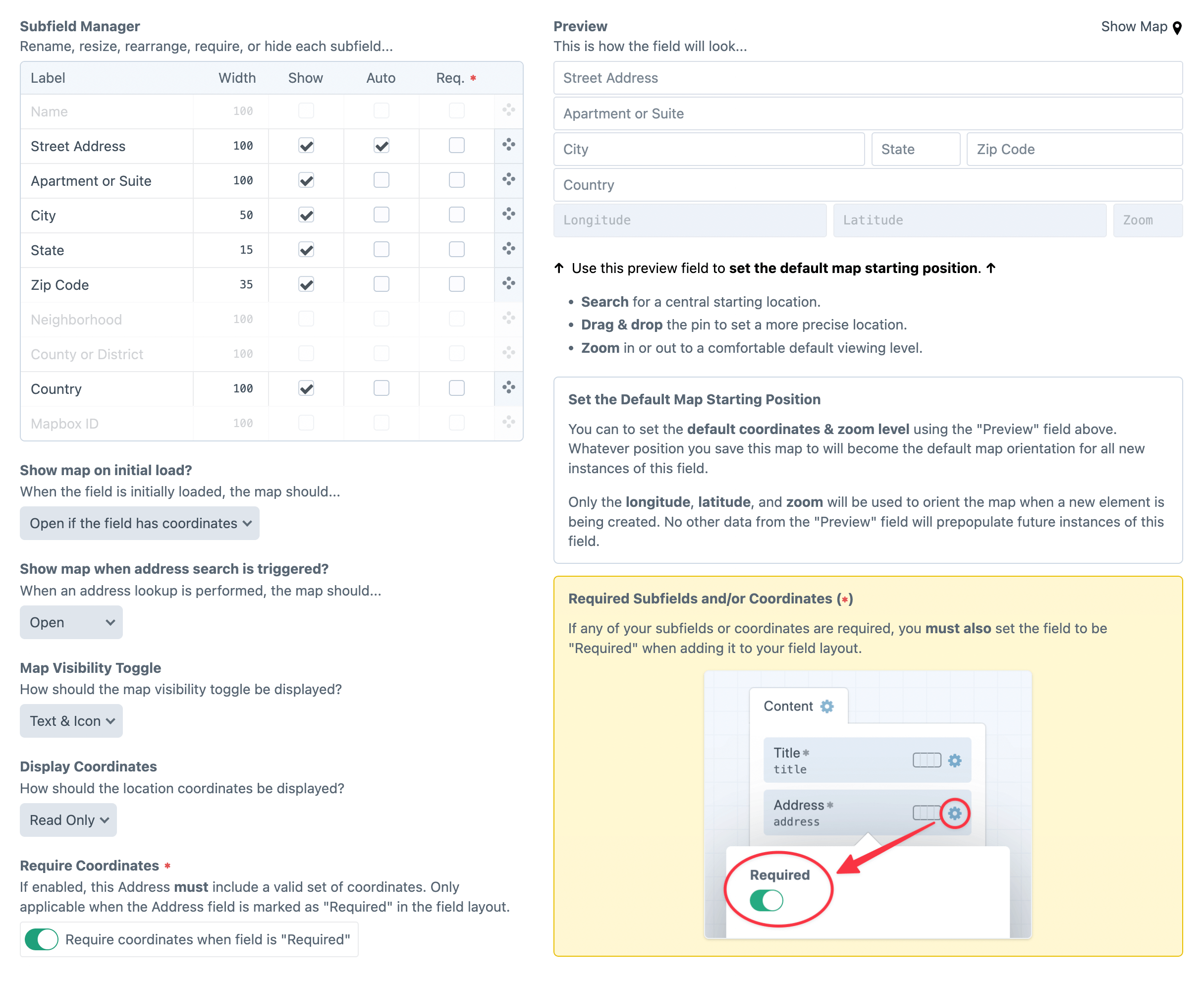 Screenshot of Address Field Settings