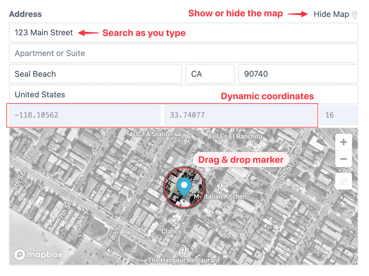 Annotated screenshot of Address field components