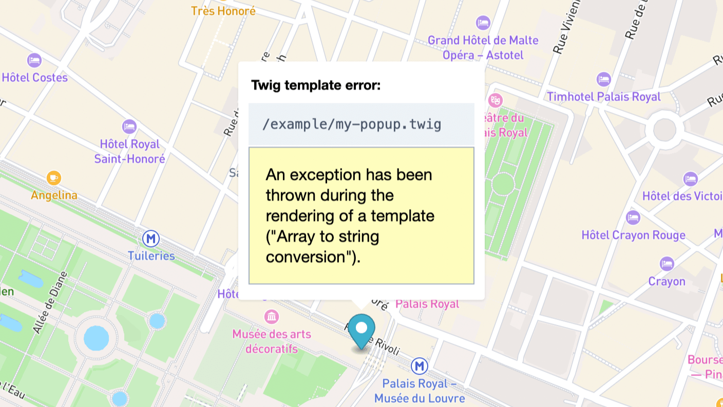 Example of a popup Twig template error