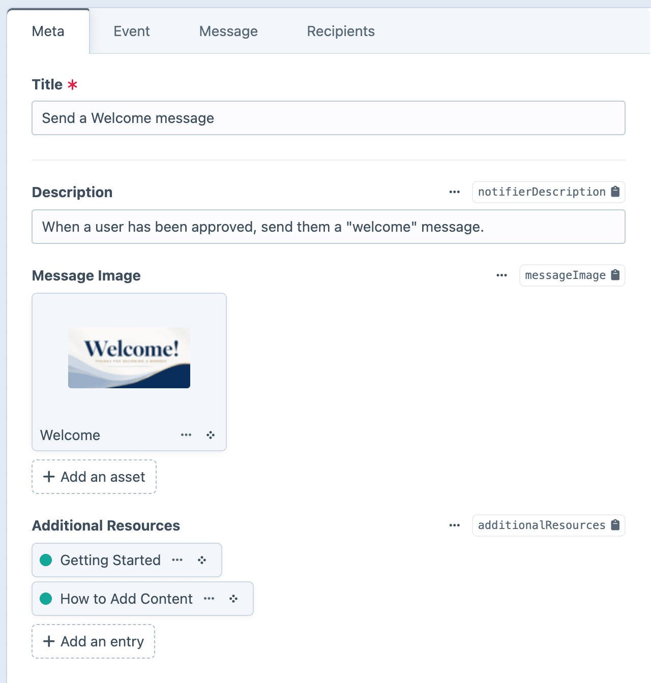 The Meta tab of a notification, showing several custom fields below the Title