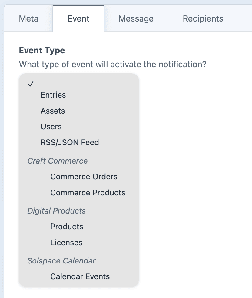 Screenshot of event type options