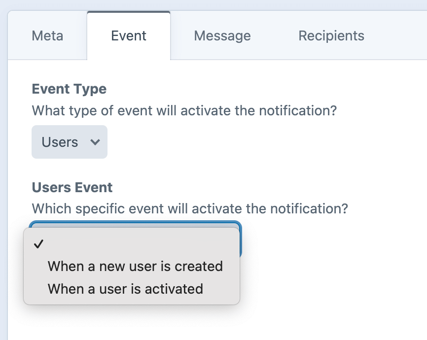 Screenshot of User event options