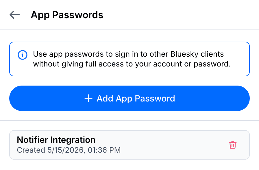 Screenshot of generating a new Bluesky app password