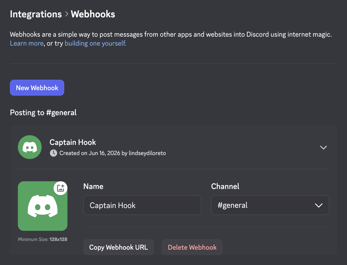 Screenshot of Discord's Webhooks settings