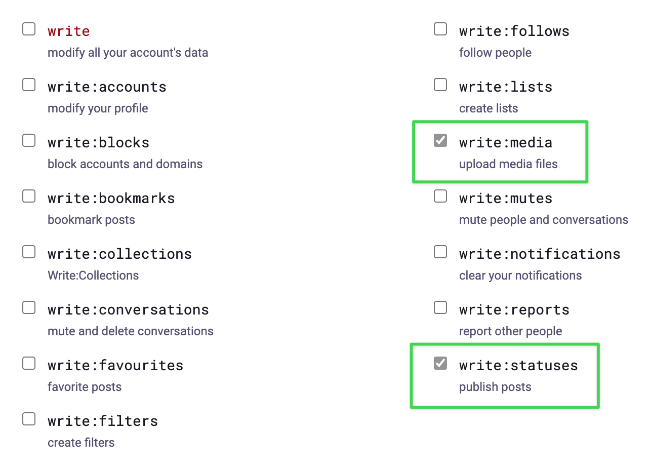 Screenshot of the Mastodon app scopes, with the two required scopes checked and highlighted