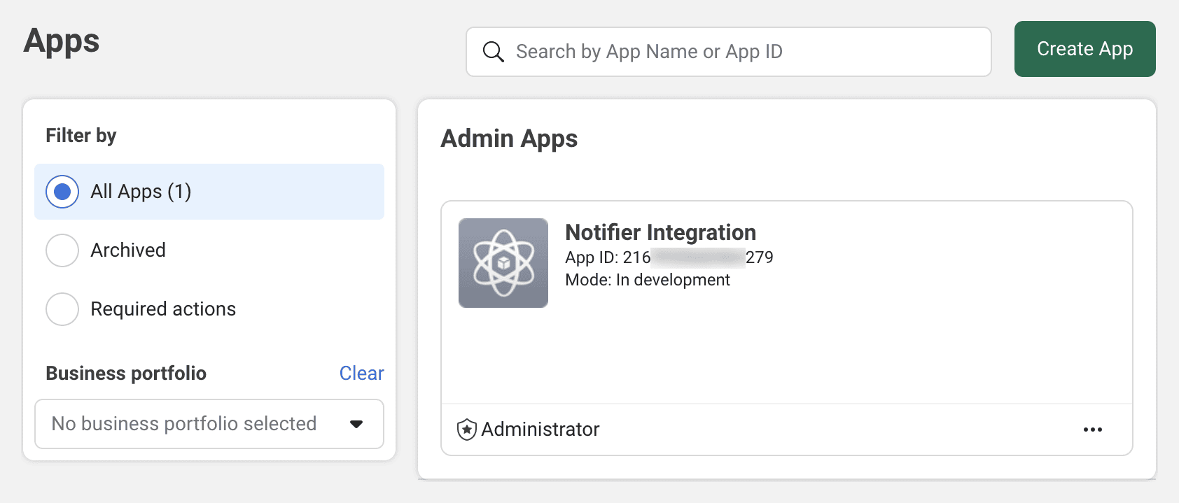 Screenshot of the Apps page at https://developers.facebook.com/apps