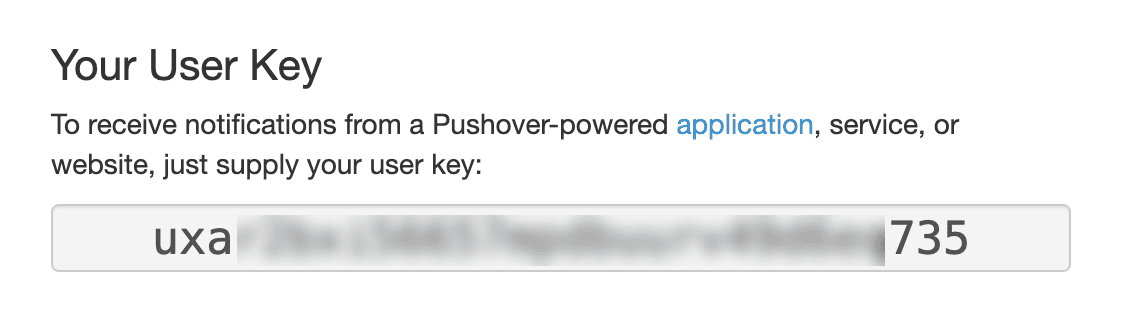 Screenshot of a Pushover account page showing the user key