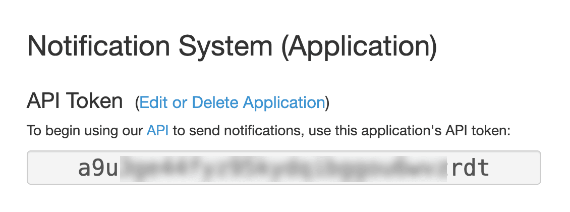 Screenshot of a Pushover application showing the API token