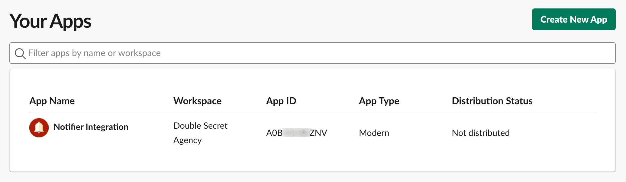 Screenshot of the Your Apps page at api.slack.com/apps