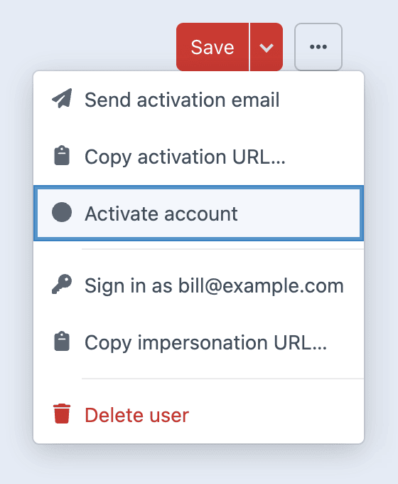 Status menu with 'Activate account' highlighted