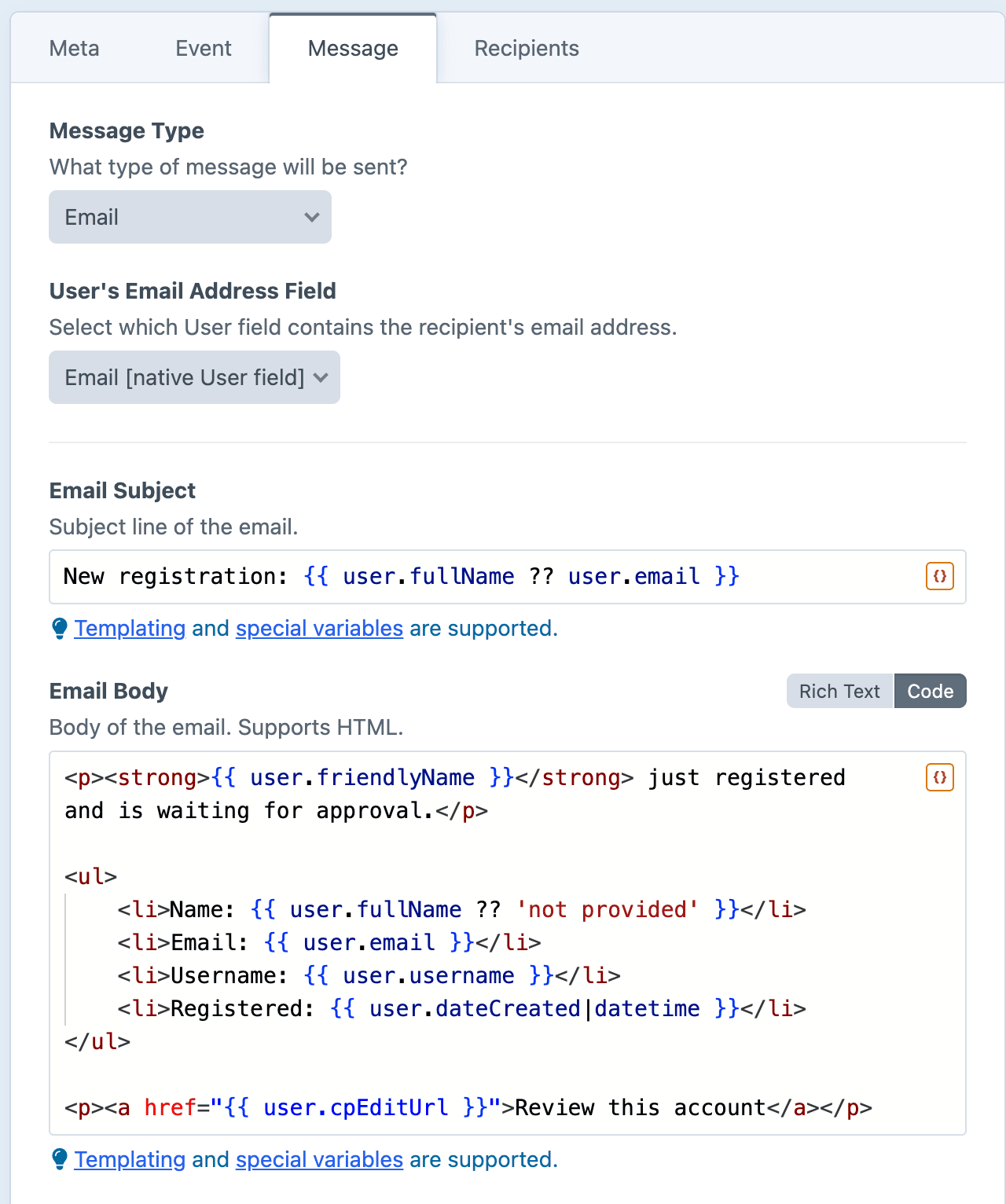 Email message config with the approval body