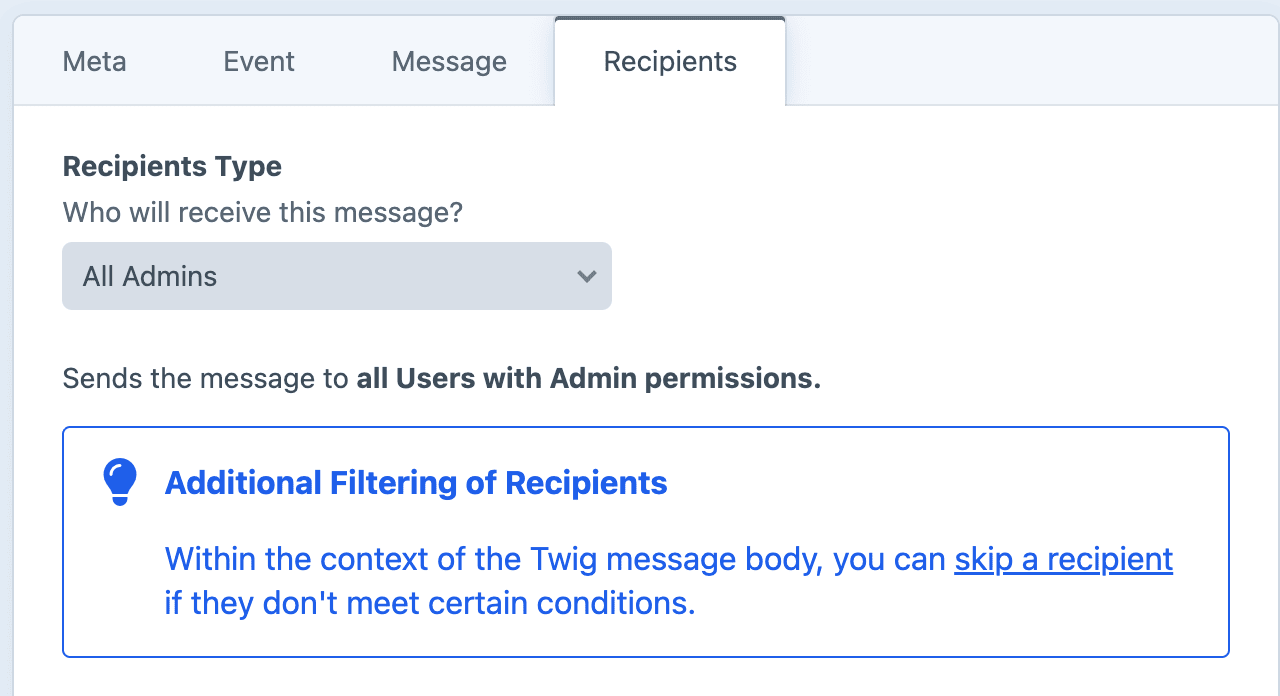 Recipients tab set to All Admins