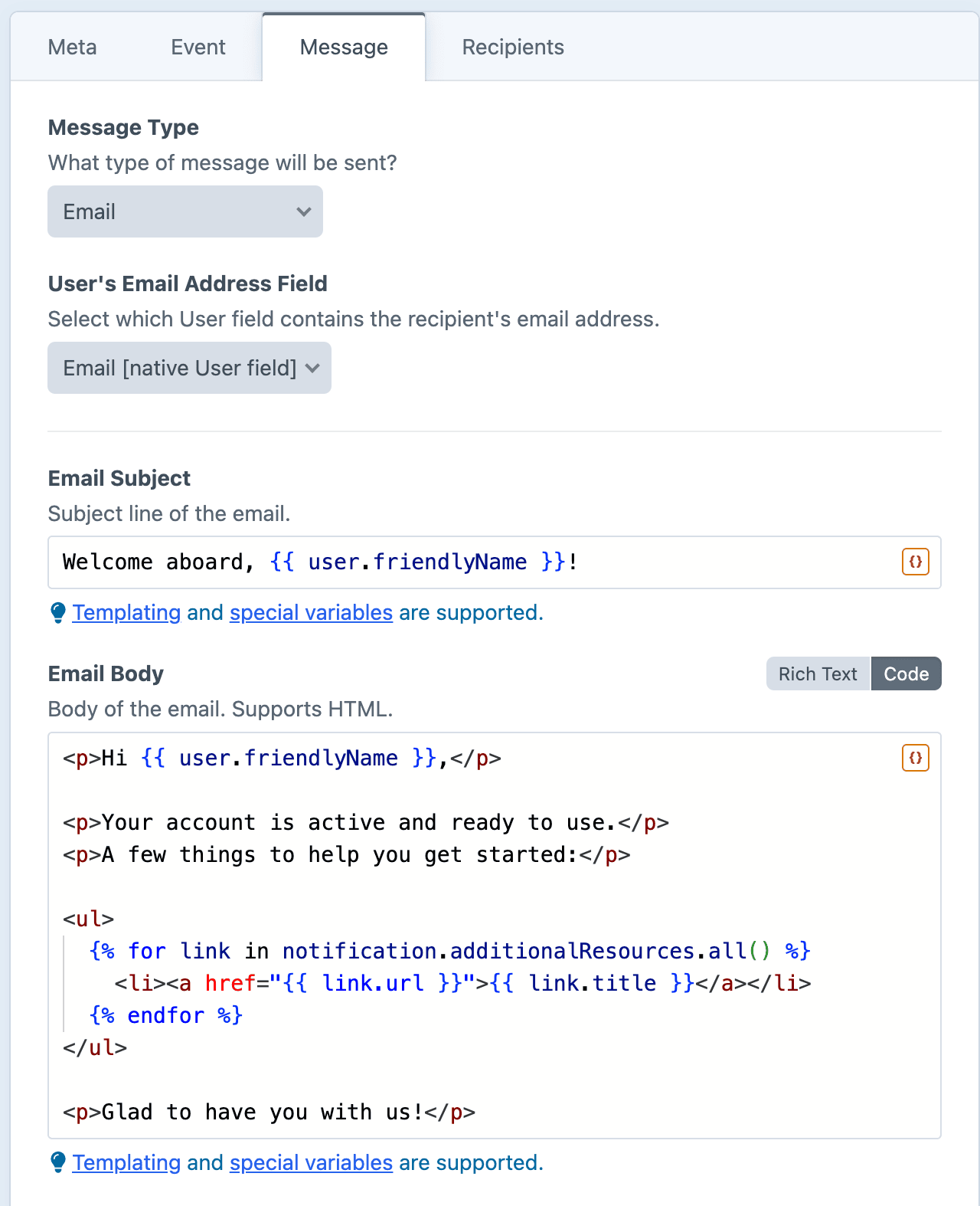 Email message config with the welcome body in Code mode