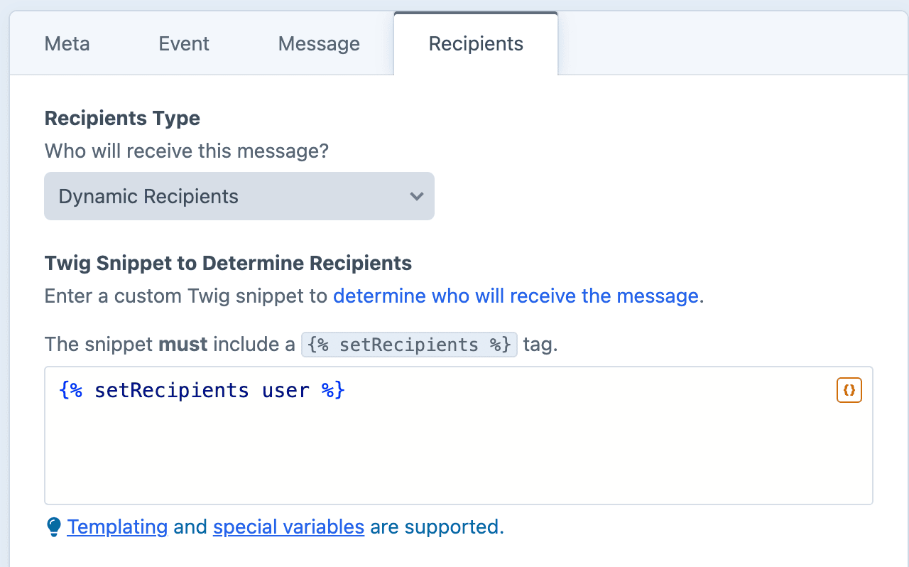 Recipients tab with the setRecipients snippet