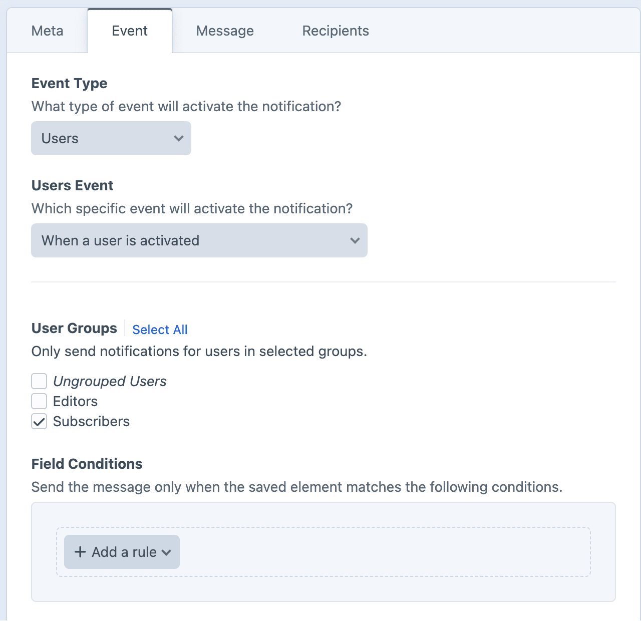 Event tab set to the user activated event