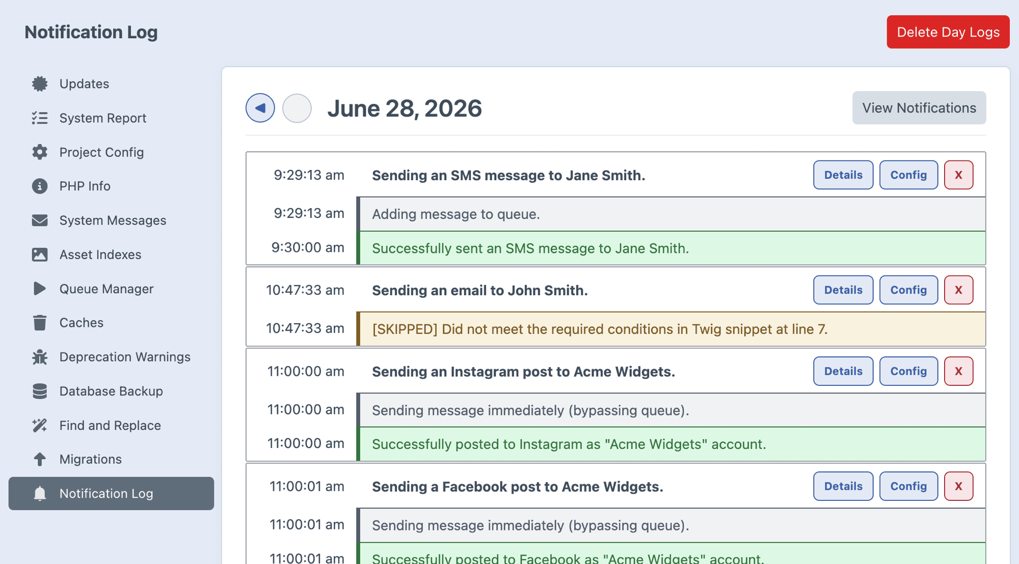 Screenshot of Notification Log