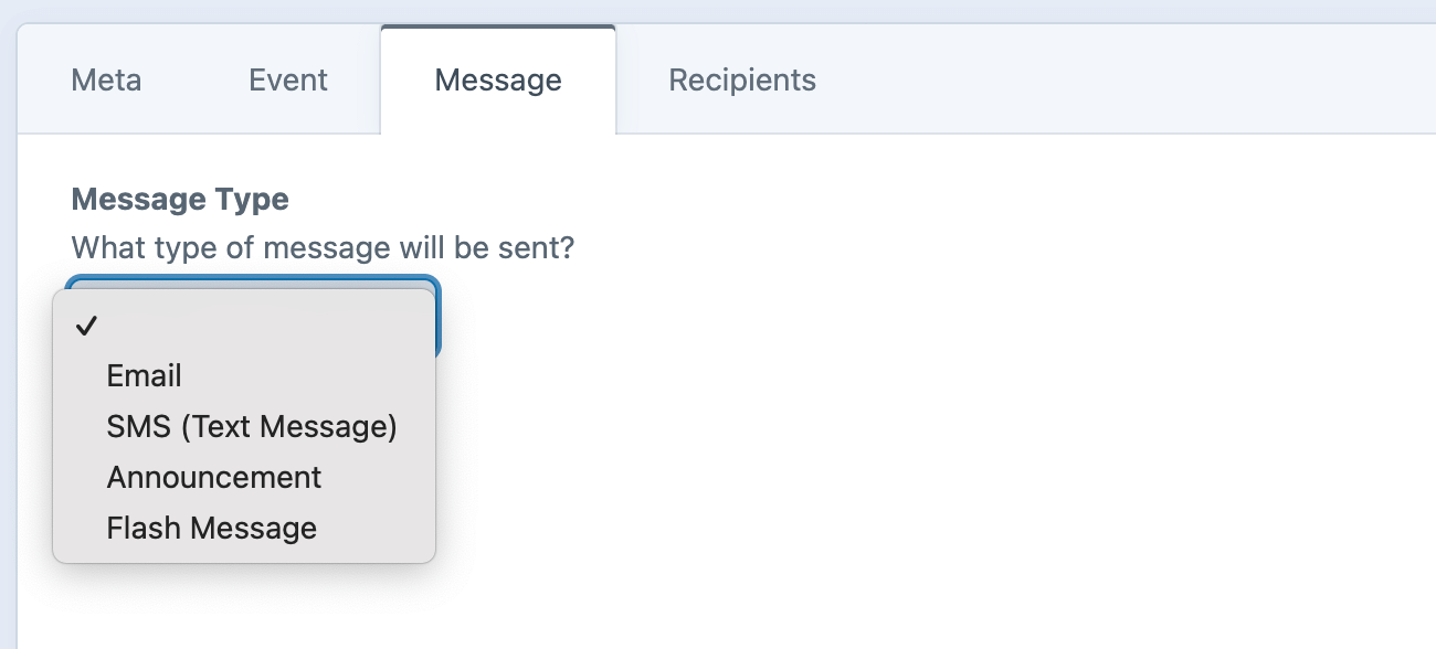 Screenshot of message type options