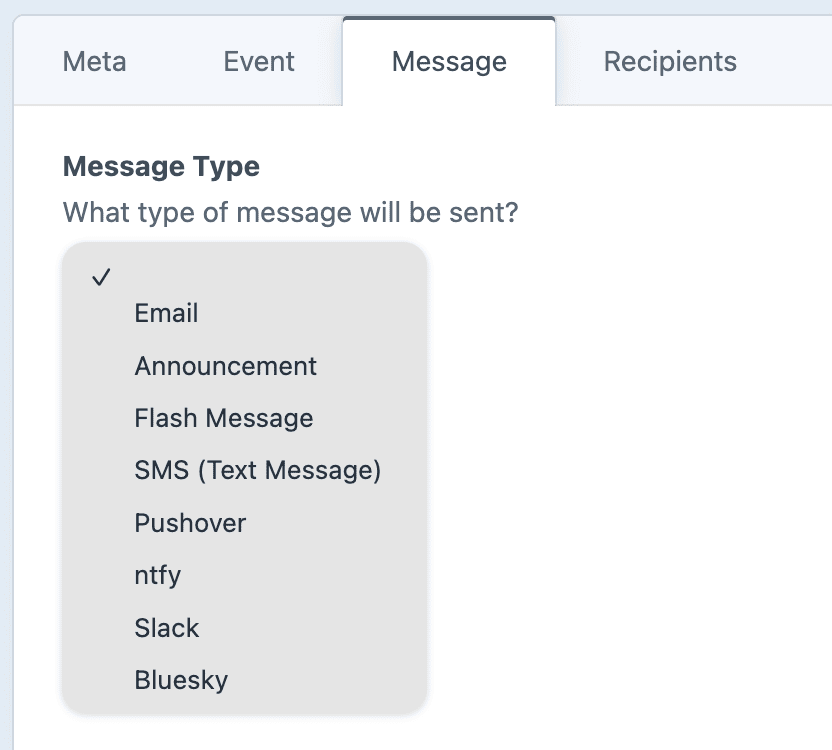 Screenshot of message type options
