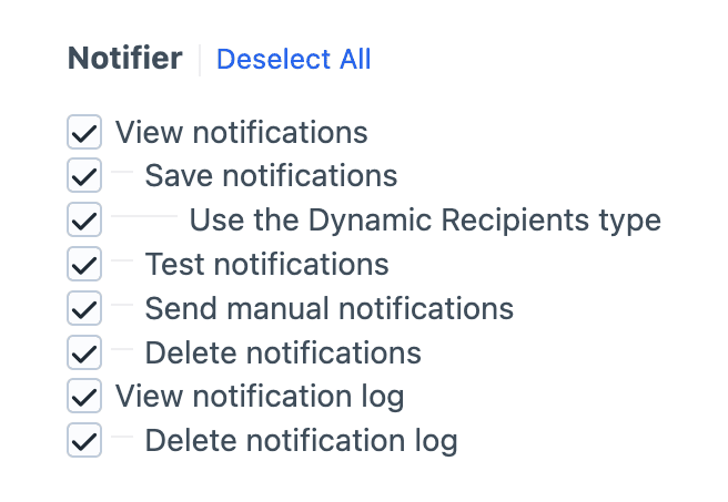 Screenshot of the Notifier permissions tree