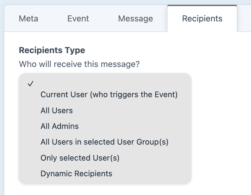 Screenshot of recipient type options