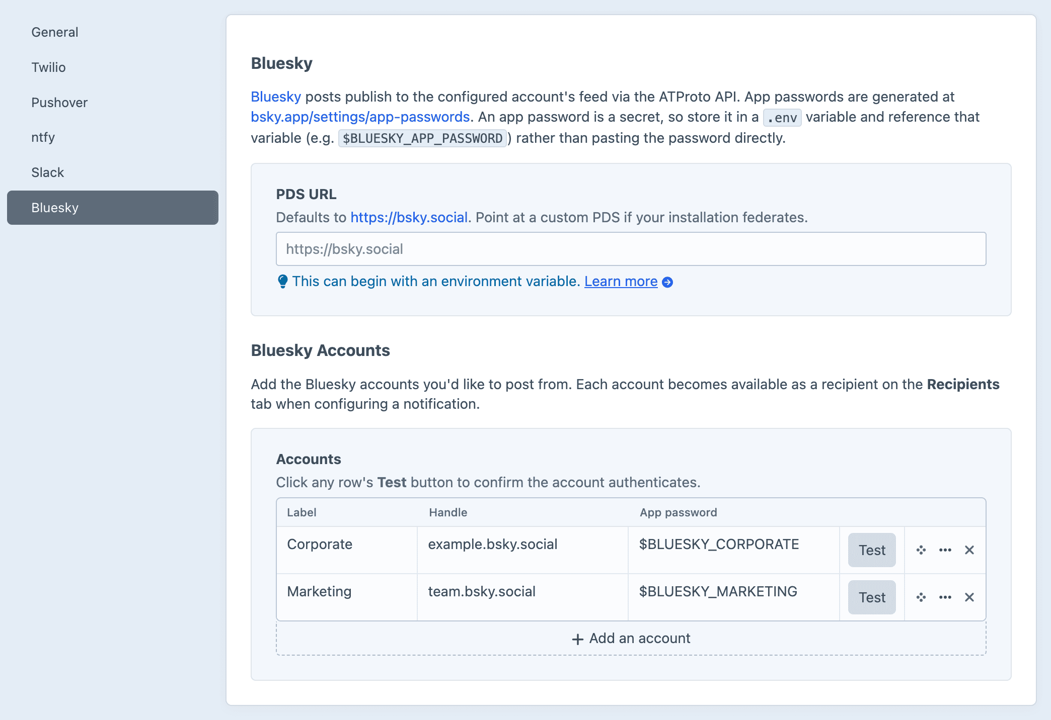 Screenshot of the Bluesky settings sub-page