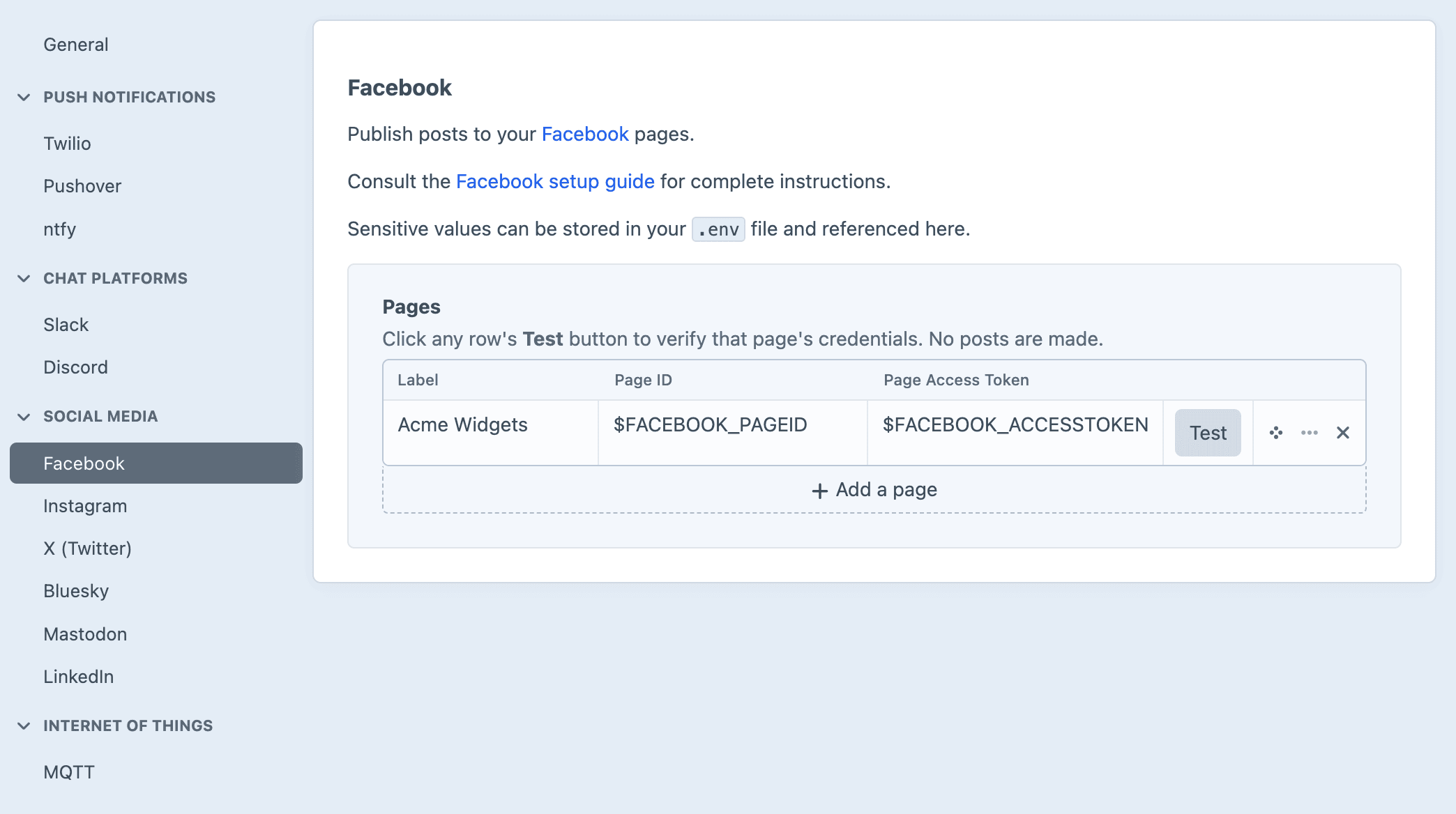 Screenshot of the Facebook settings sub-page