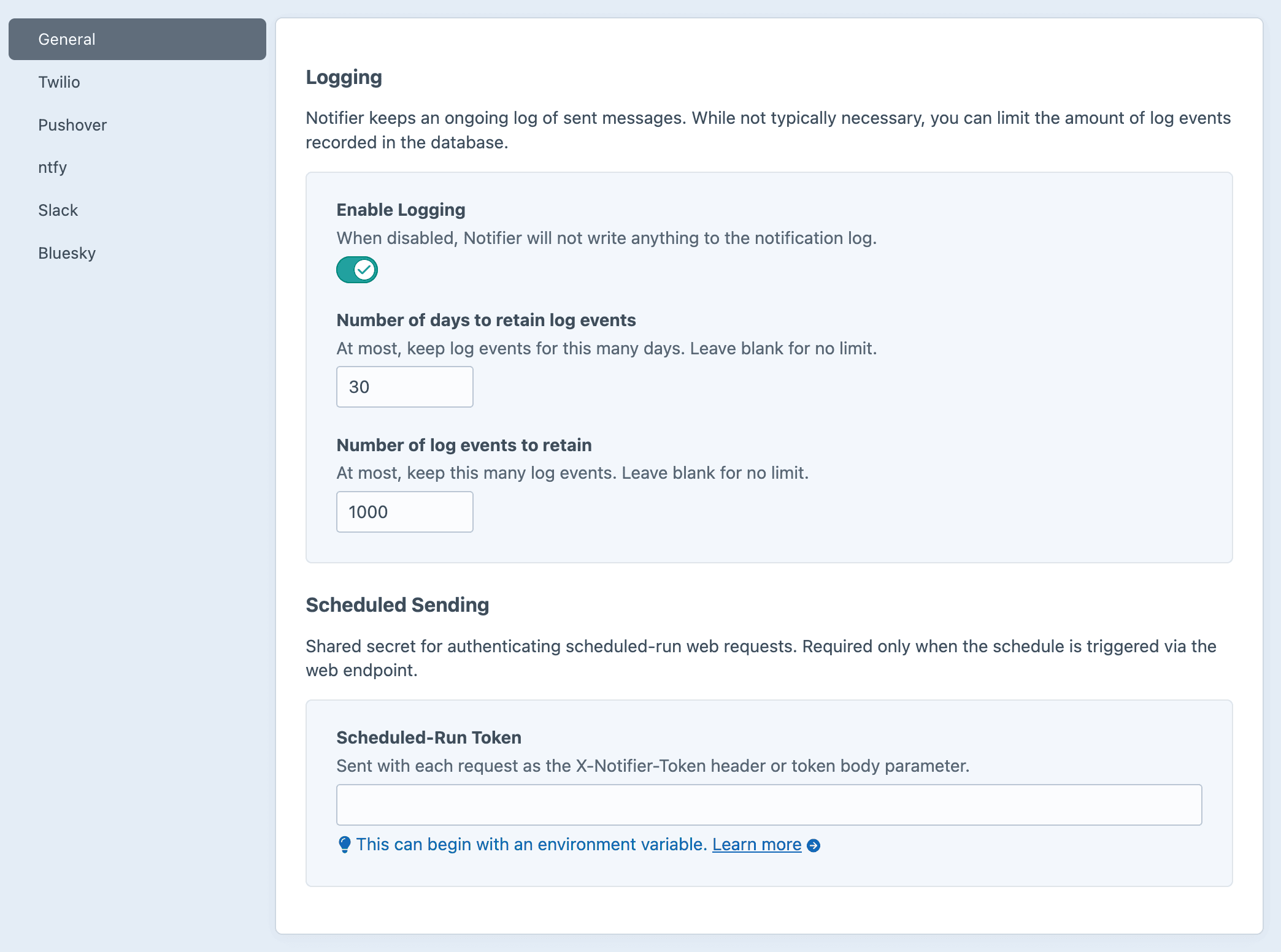 Screenshot of the Notifier settings page showing the sidebar and General sub-page
