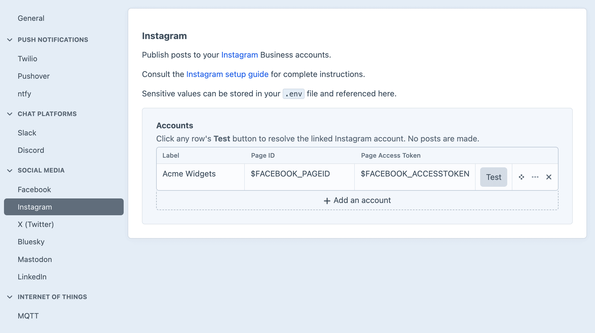 Screenshot of the Instagram settings sub-page
