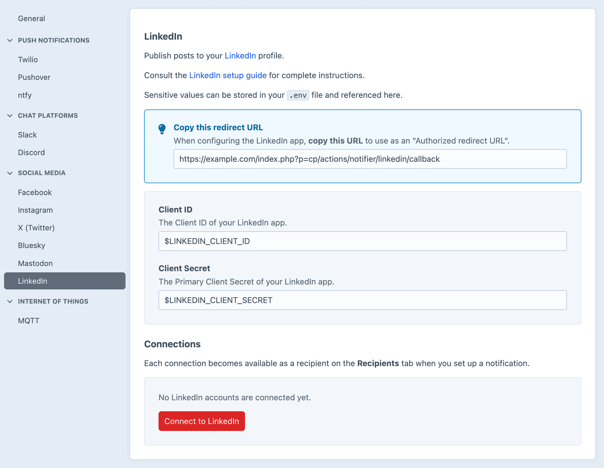 Screenshot of the LinkedIn settings sub-page