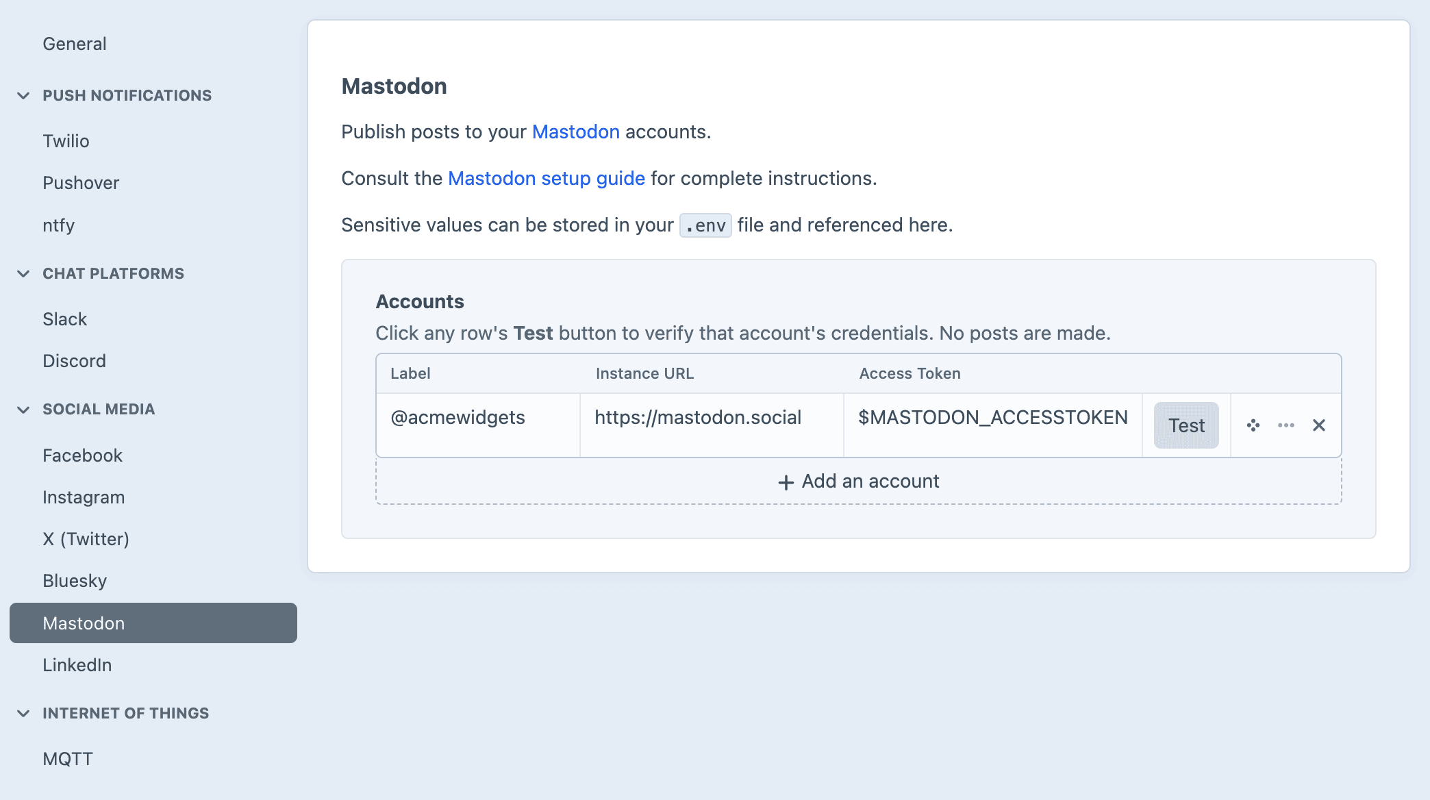 Screenshot of the Mastodon settings sub-page