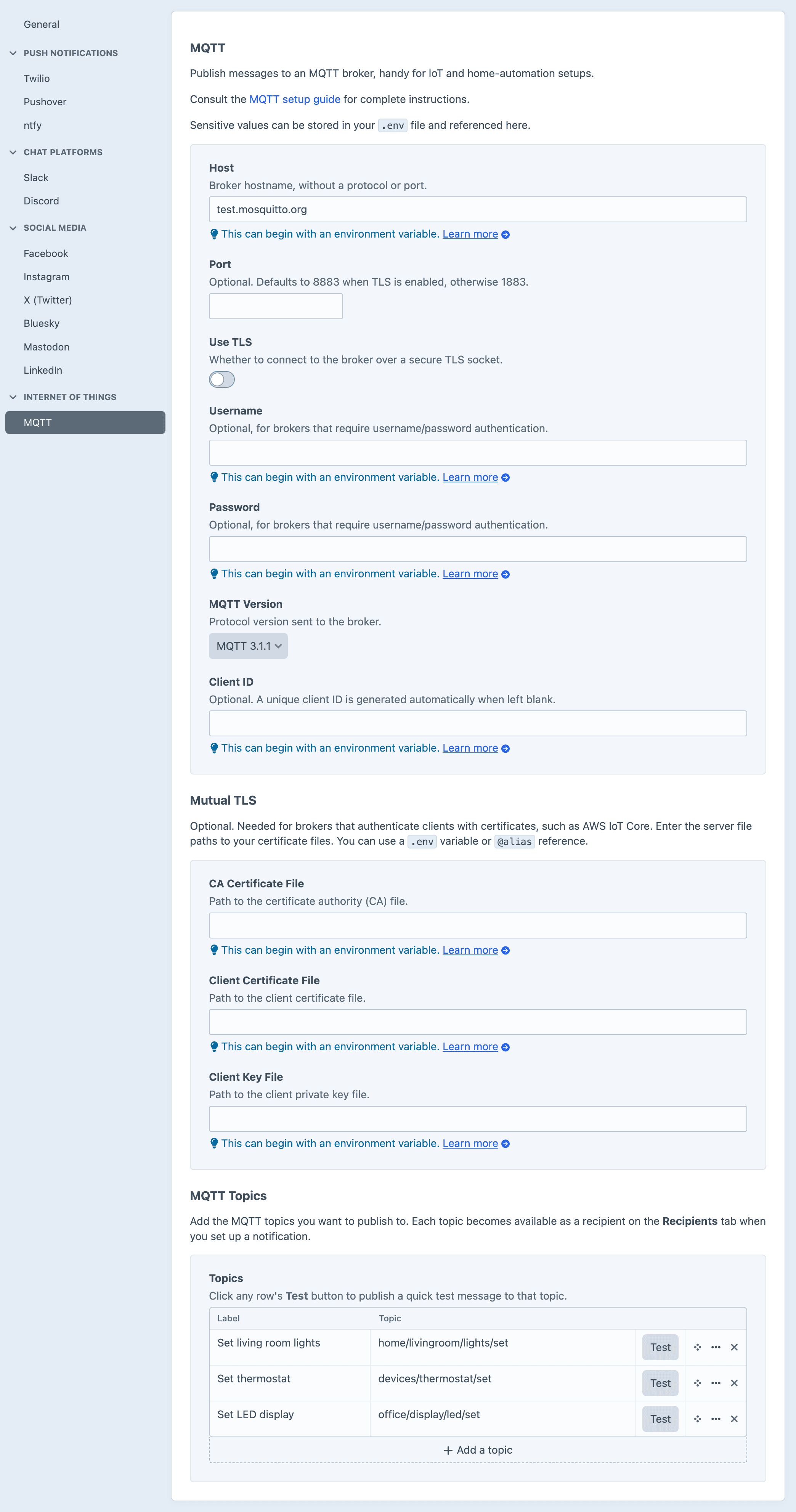 Screenshot of the MQTT settings sub-page