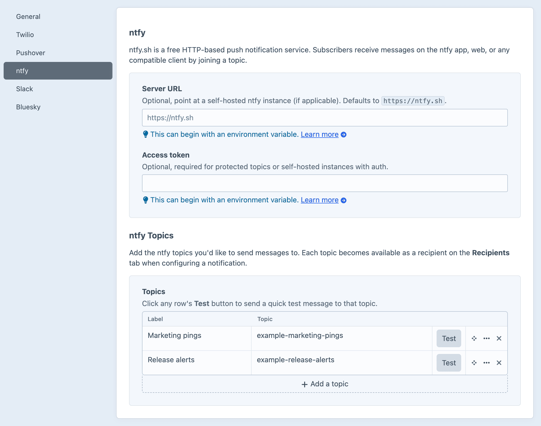 Screenshot of the ntfy settings sub-page