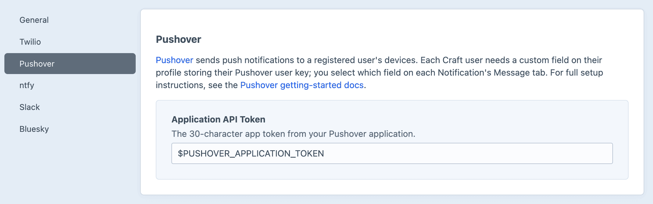Screenshot of the Pushover settings sub-page