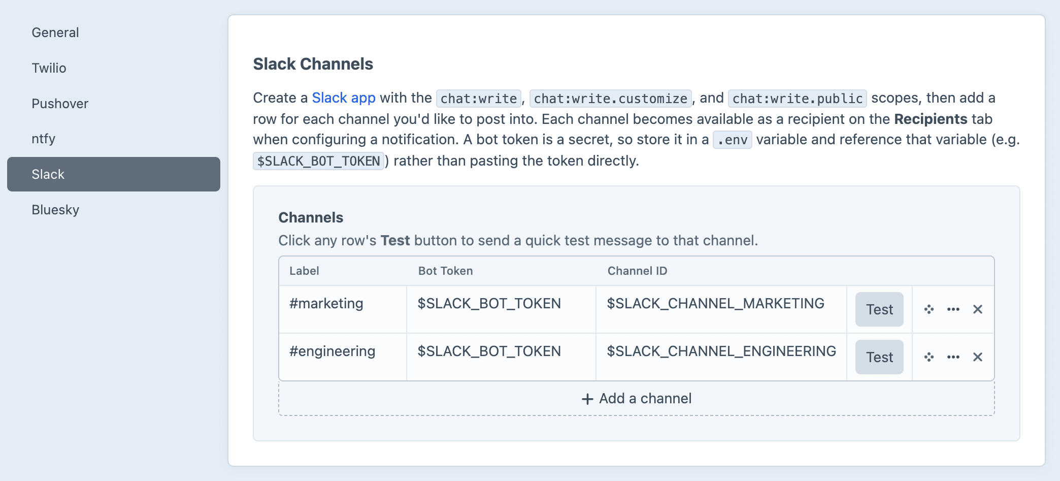 Screenshot of the Slack settings sub-page