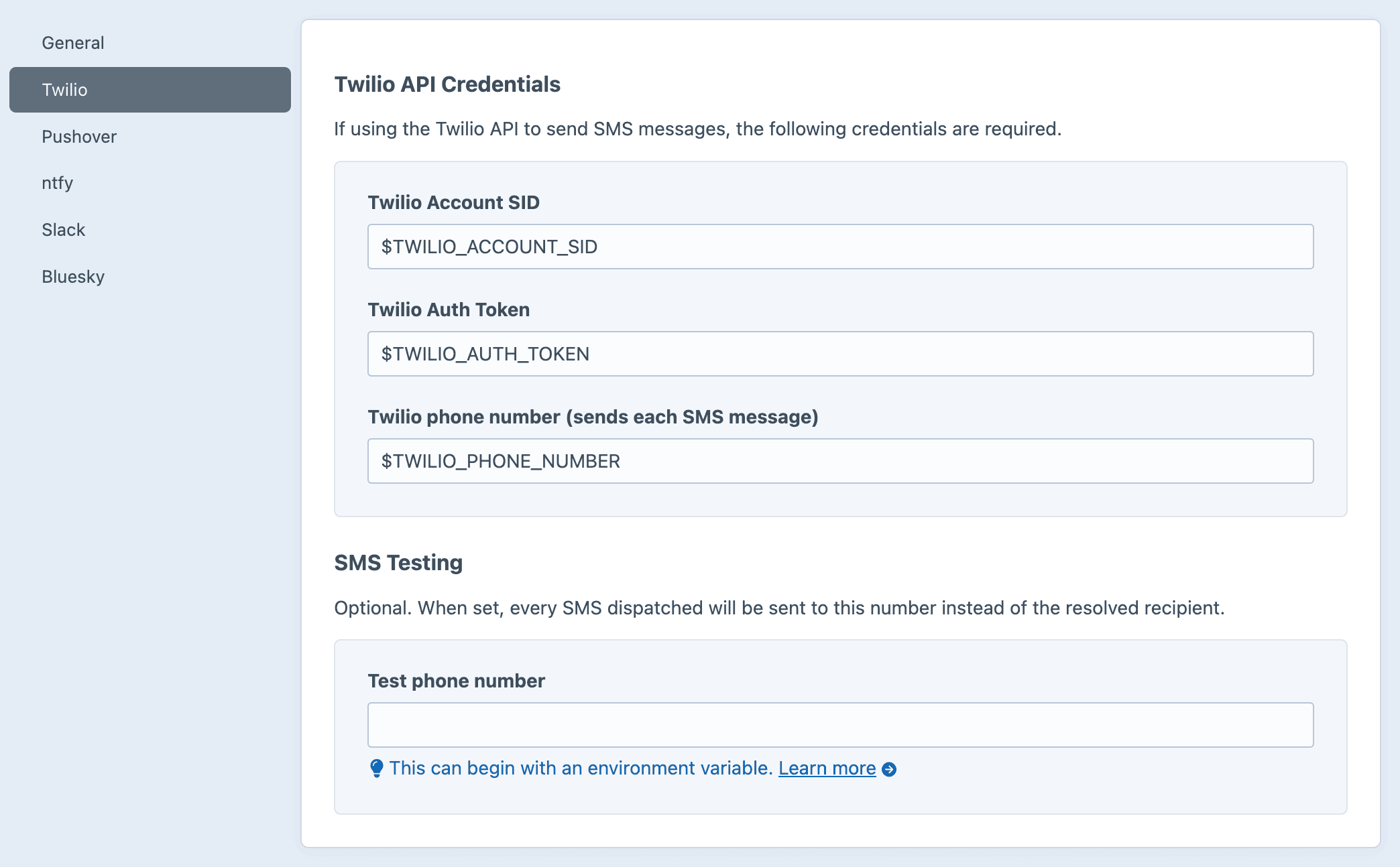 Screenshot of the Twilio settings sub-page