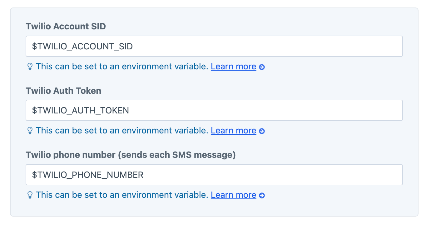 Screenshot of Twilio API credentials provided via environment variables