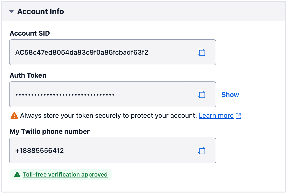 Screenshot of complete Twilio account info