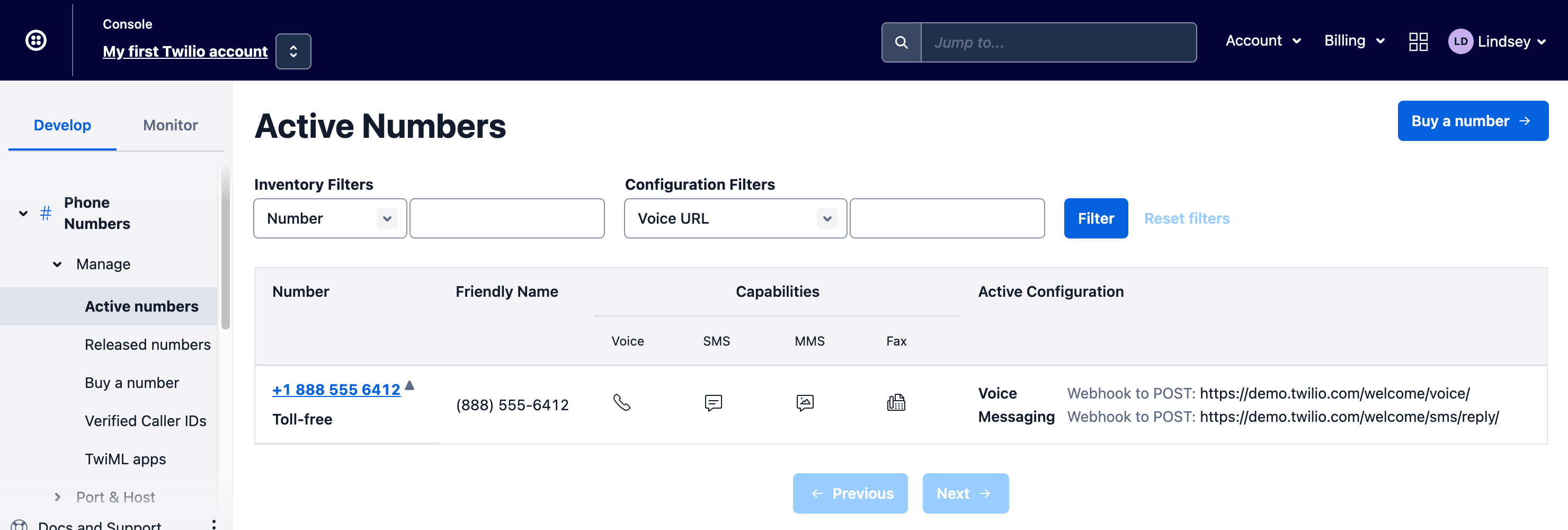 Screenshot of Active Numbers in the Twilio console