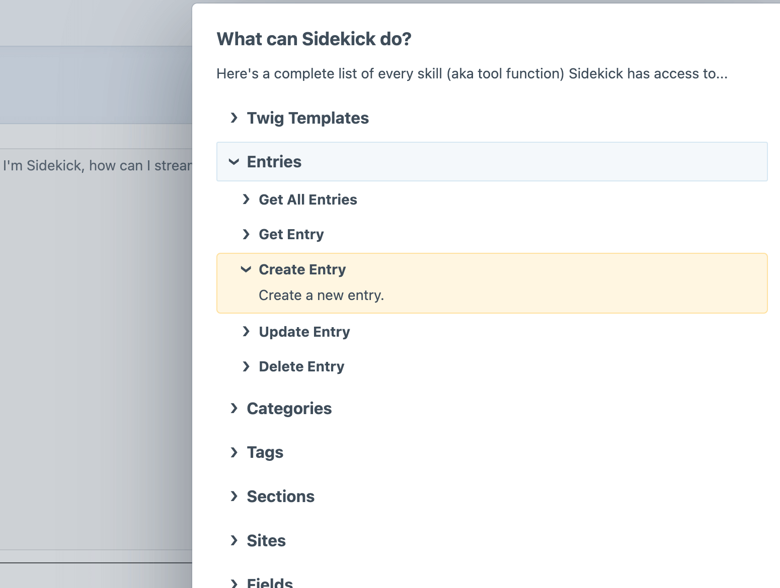 Screenshot of slideout revealing the complete list of available skill sets