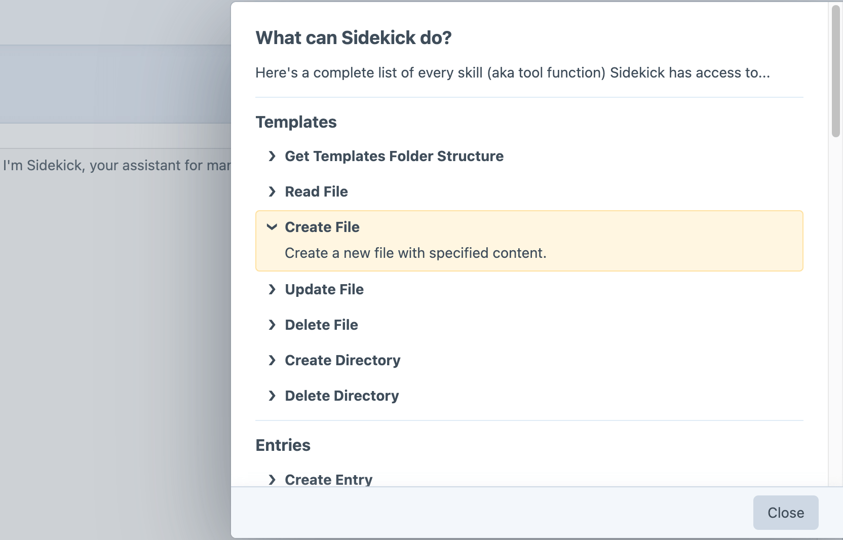 Screenshot of slideout revealing the complete list of available skill sets