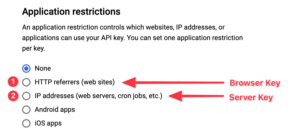 Screenshot of Google Application Restrictions for each API key