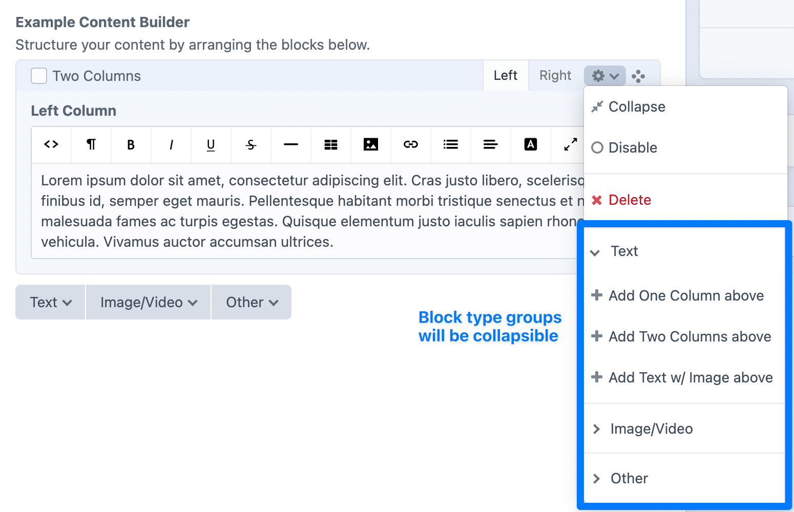 Screenshot of collapsible block type groups