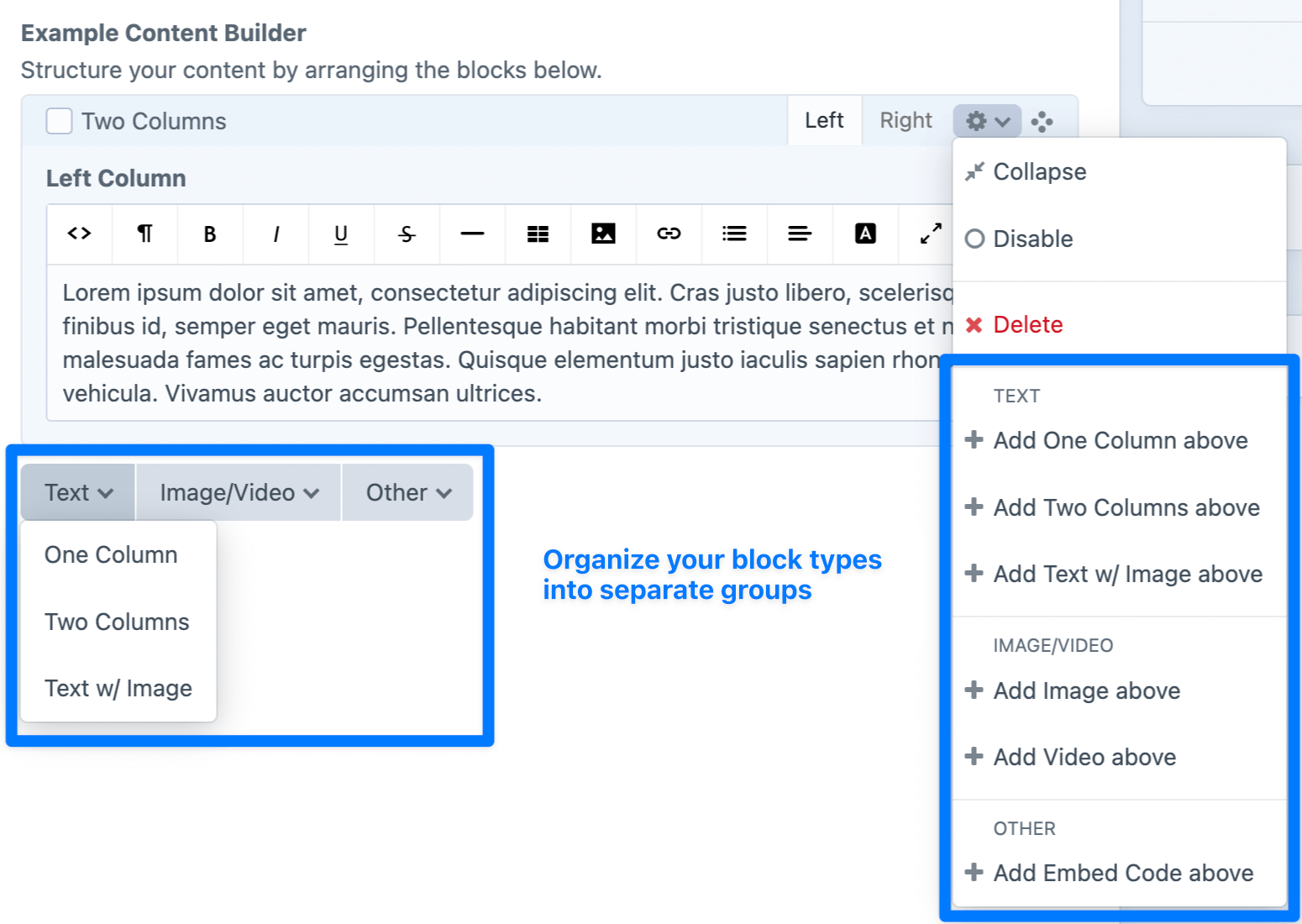 Screenshot of Matrix block types being listed in groups