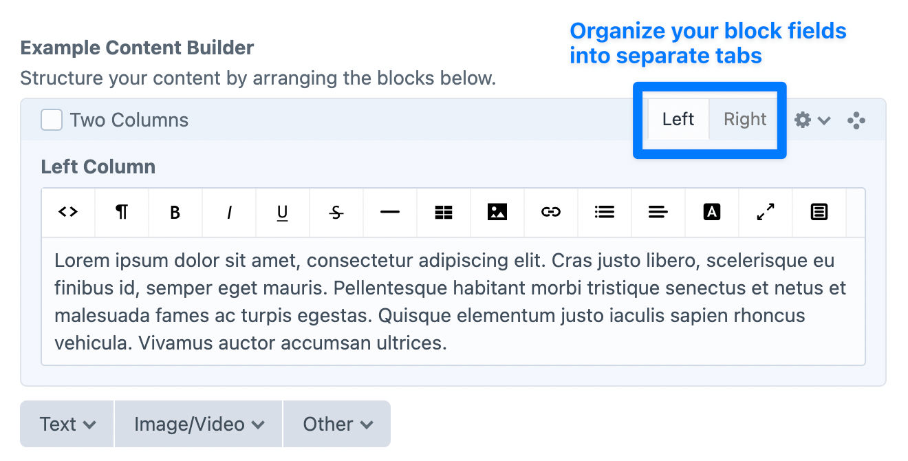 Screenshot of Matrix block fields being split into tabs