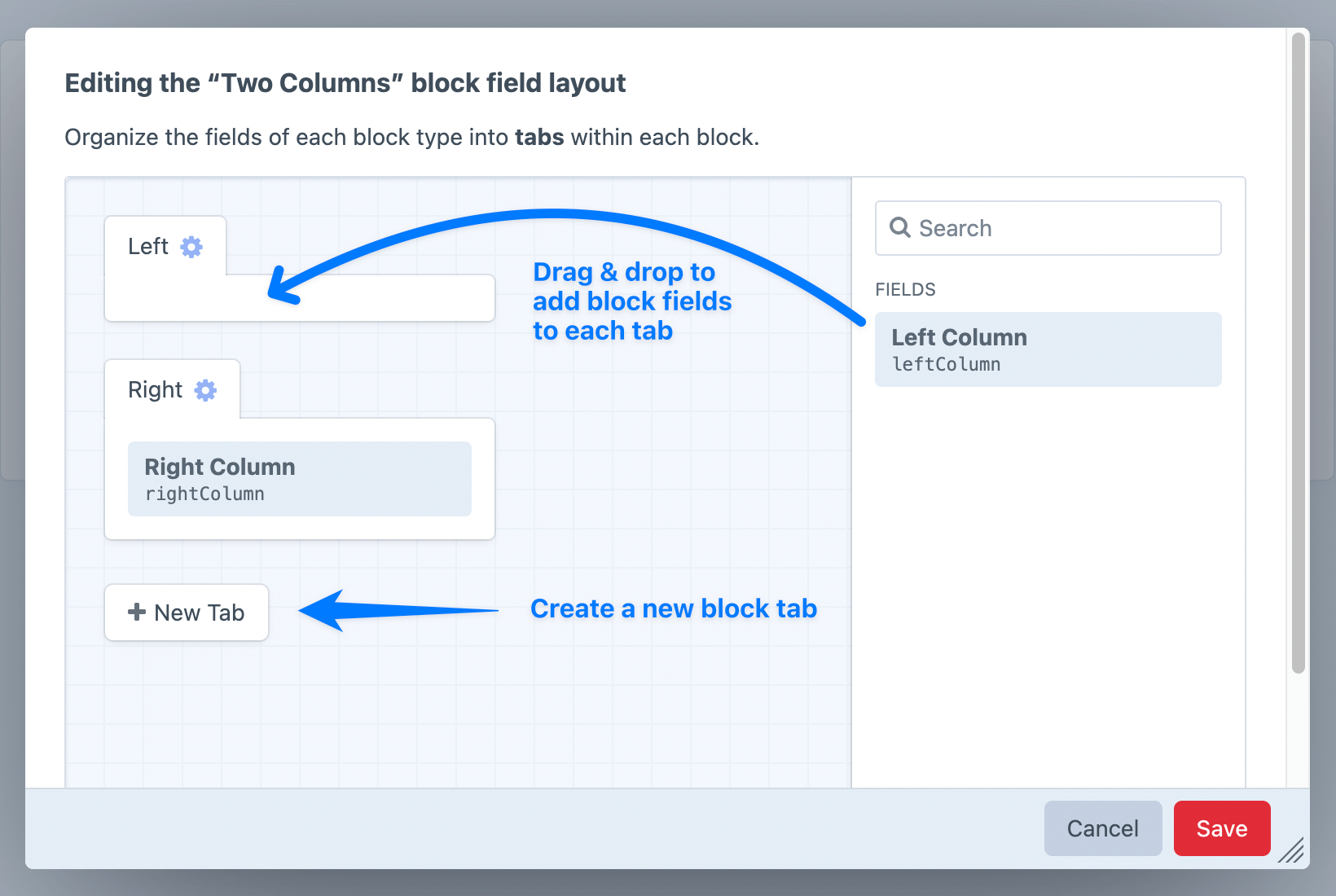 Screenshot of modal where block fields can be sorted into tabs