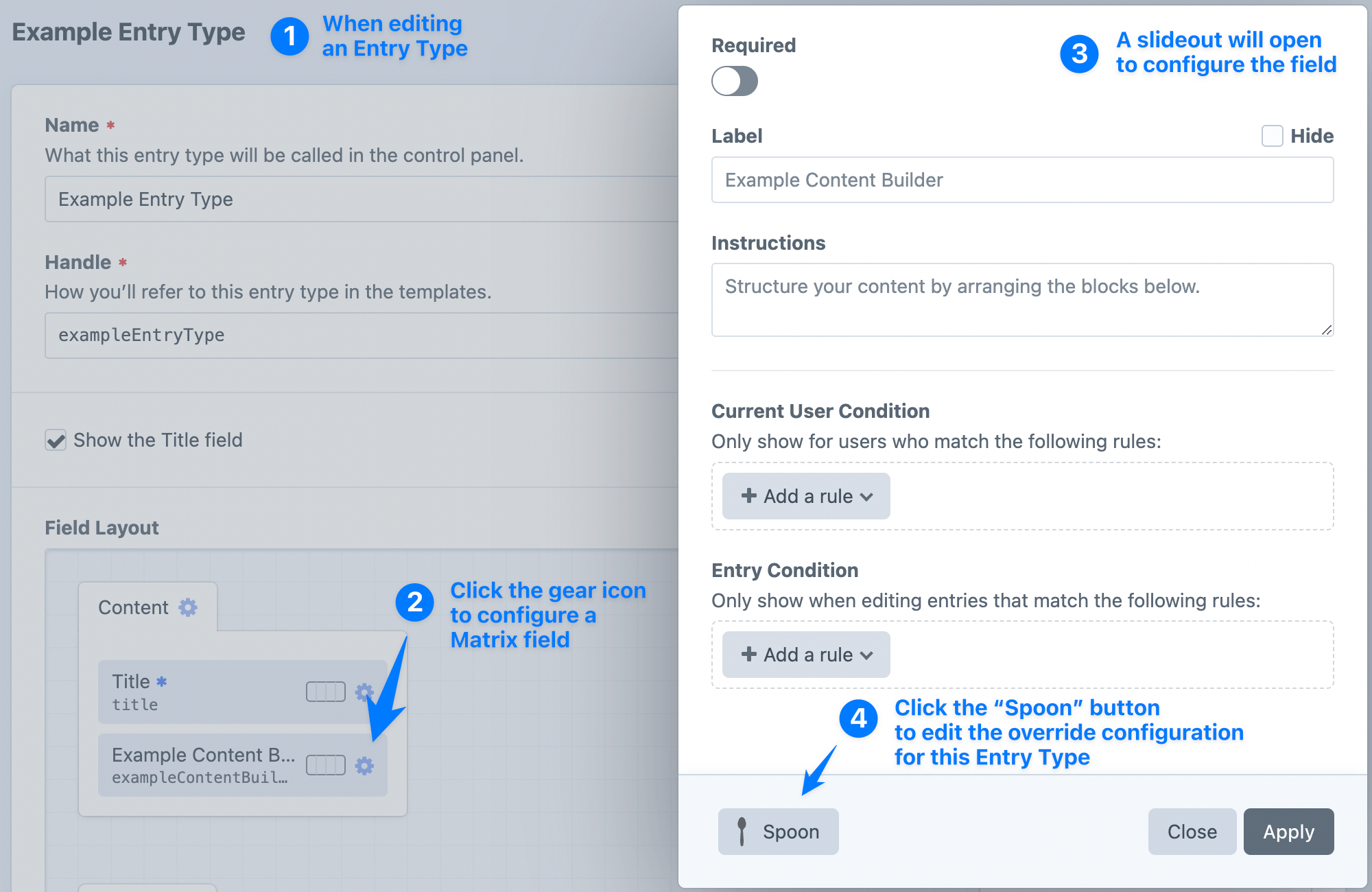 Screenshot showing steps to open an override editing modal